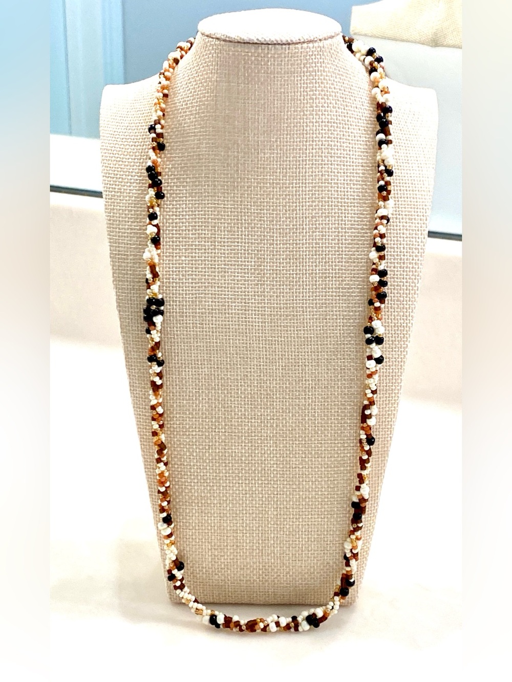 Vintage Multi Strand Twisted Seed Bead Rope Neutral Brown White Necklace